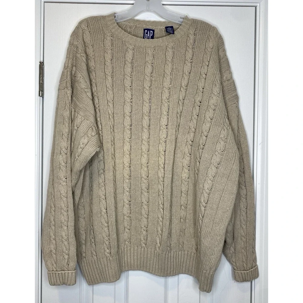 Gap Men's Vintage‎ Linen Blend Cable Knit Sweater Beige Tan Size XL